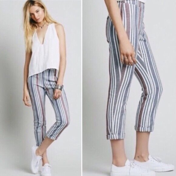 Free People Pants Stripe Mod Linen Blend Skinny Ankle Crop - Picture 3 of 12